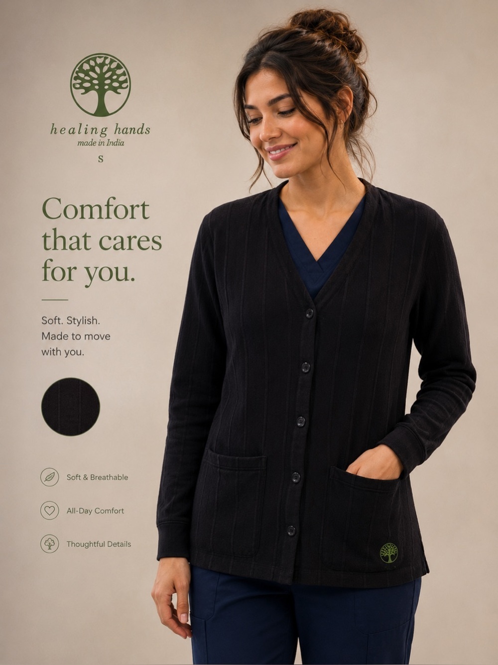 🩺 Healing Hands Black Button Front Medical Scrub Cardigan Jacket - Size Small